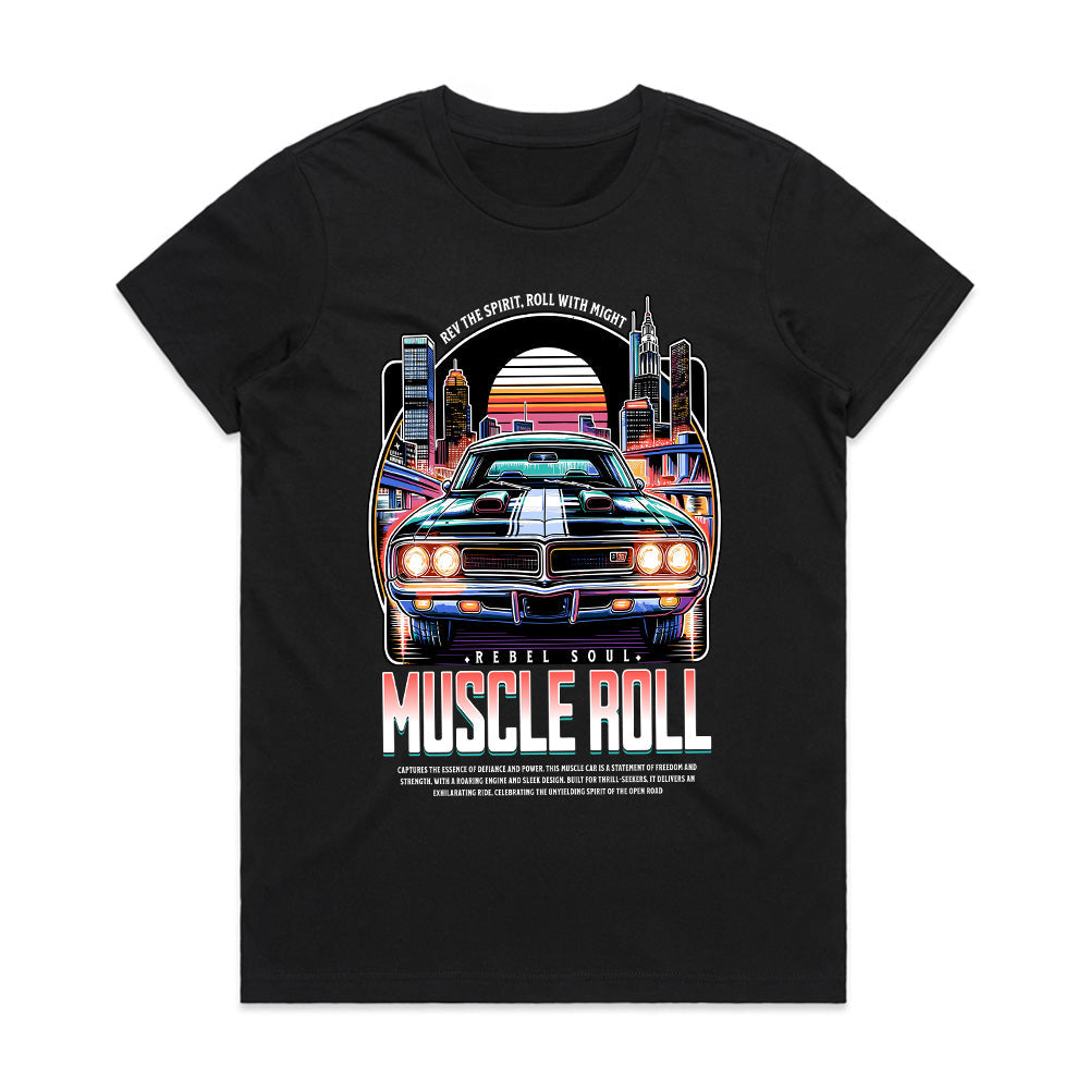 Muscle Roll – Retro Neon Muscle Car Graphic Tee