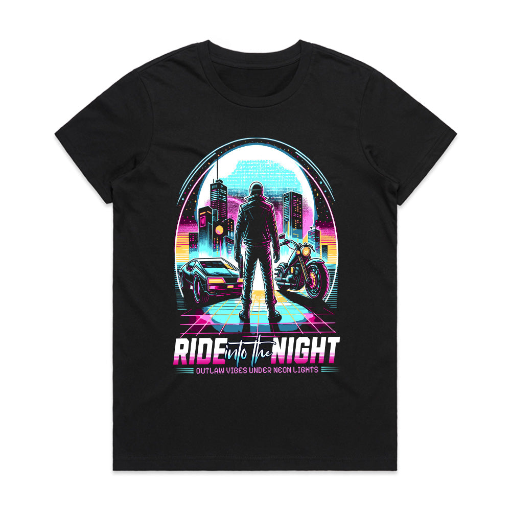 Ride Into the Night – Neon Cyberpunk Outlaw Graphic T-Shirt