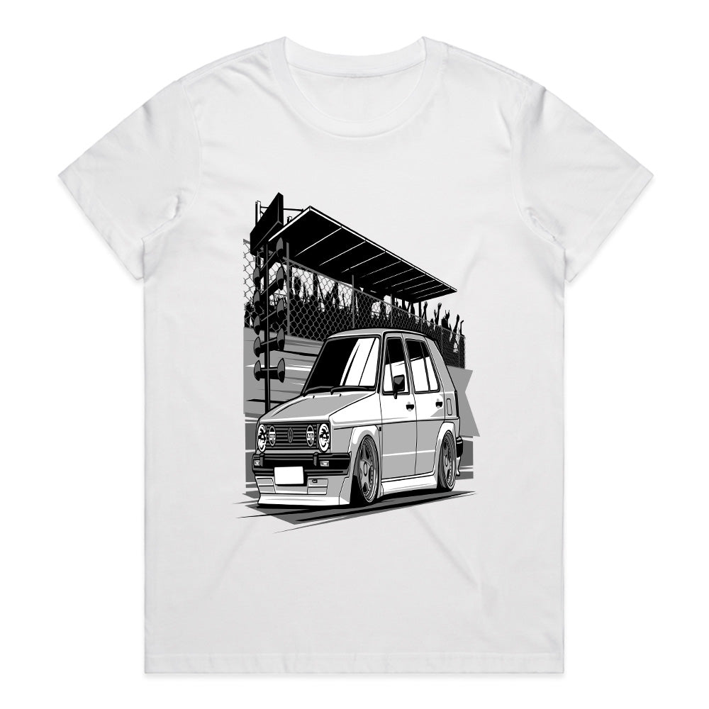 Classic VW Hatchback Drag Strip T-Shirt – Retro Performance Car Tee