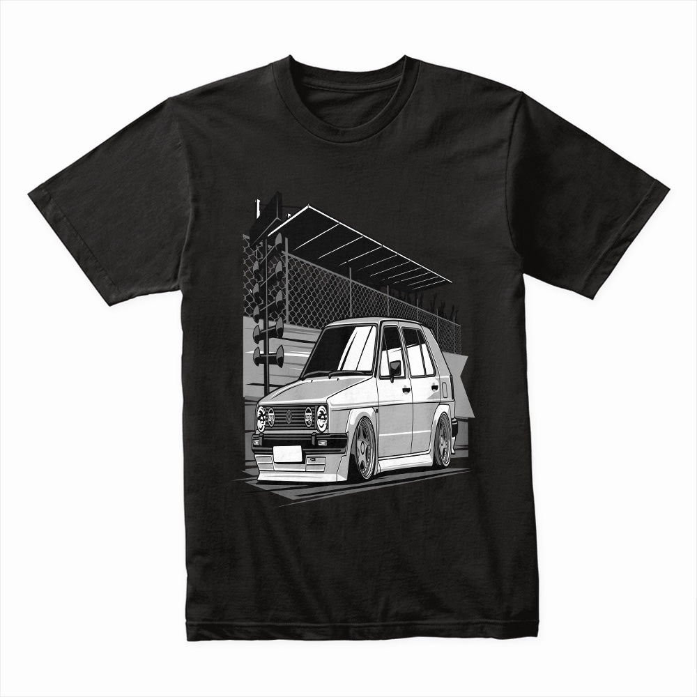 Classic VW Hatchback Drag Strip T-Shirt – Retro Performance Car Tee