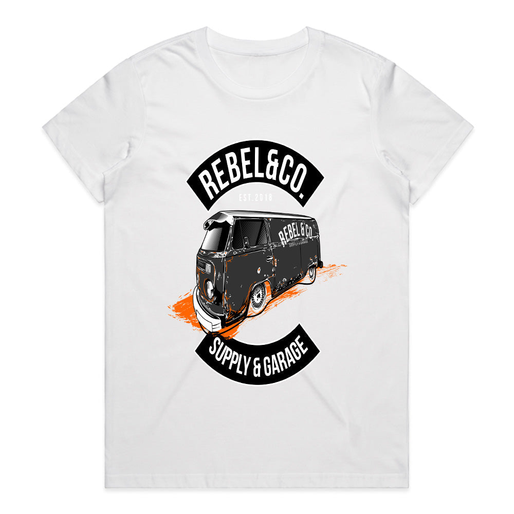 Rebel & Co. Garage" Vintage VW Bus T-Shirt
