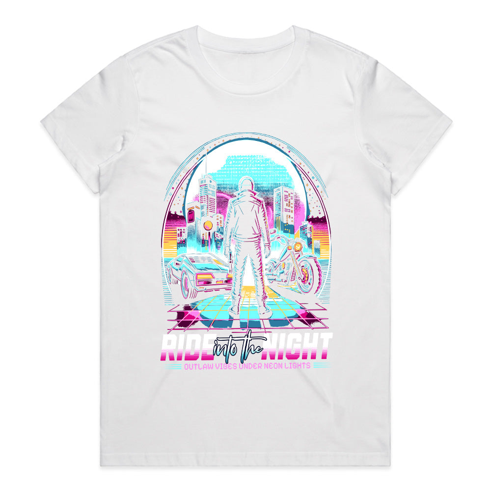 Ride Into the Night – Neon Cyberpunk Outlaw Graphic T-Shirt