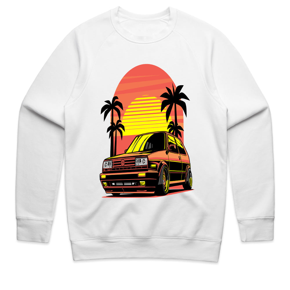 Retro Sunset VW Hatchback T-Shirt – Classic 80s & 90s Car Lover Tee