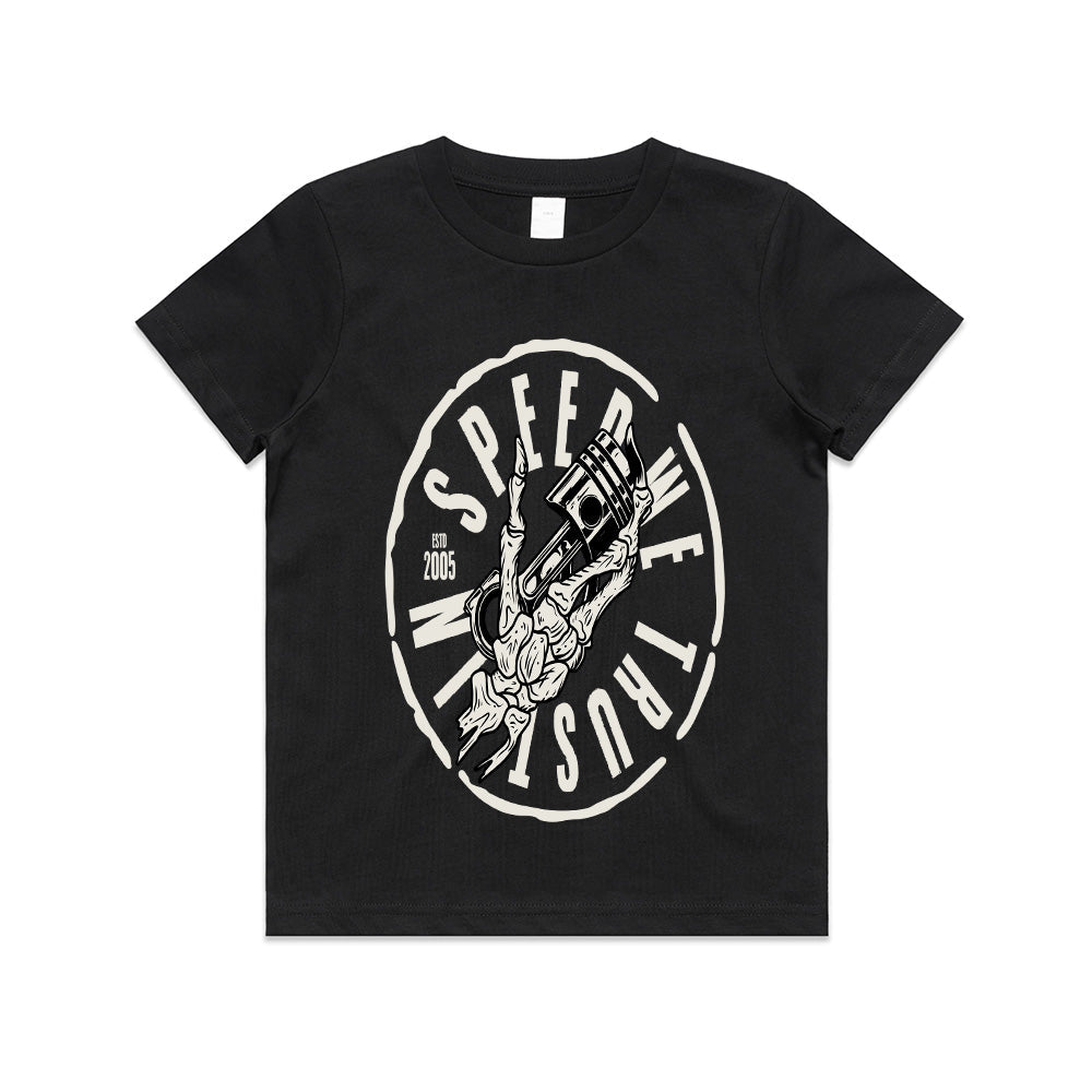Speed Demon – Skeleton Hand & Piston Racer T-Shirt