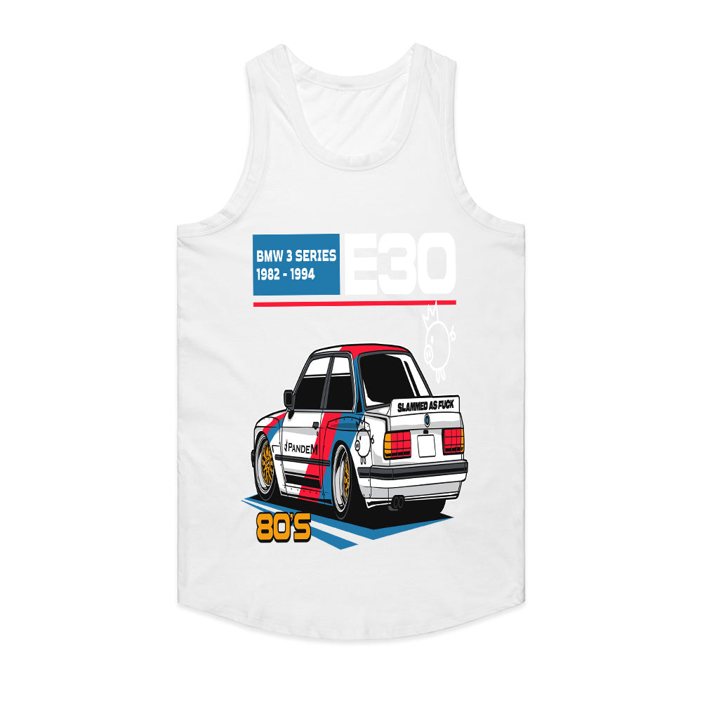 BMW E30 Retro Slammed Stance – 80s JDM-Inspired Graphic T-Shirt
