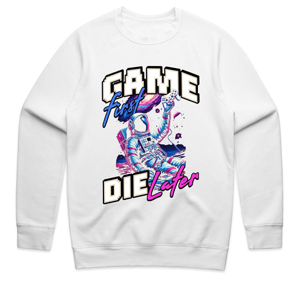 Game First, Die Later T-Shirt – Neon Astronaut Gamer Aesthetic