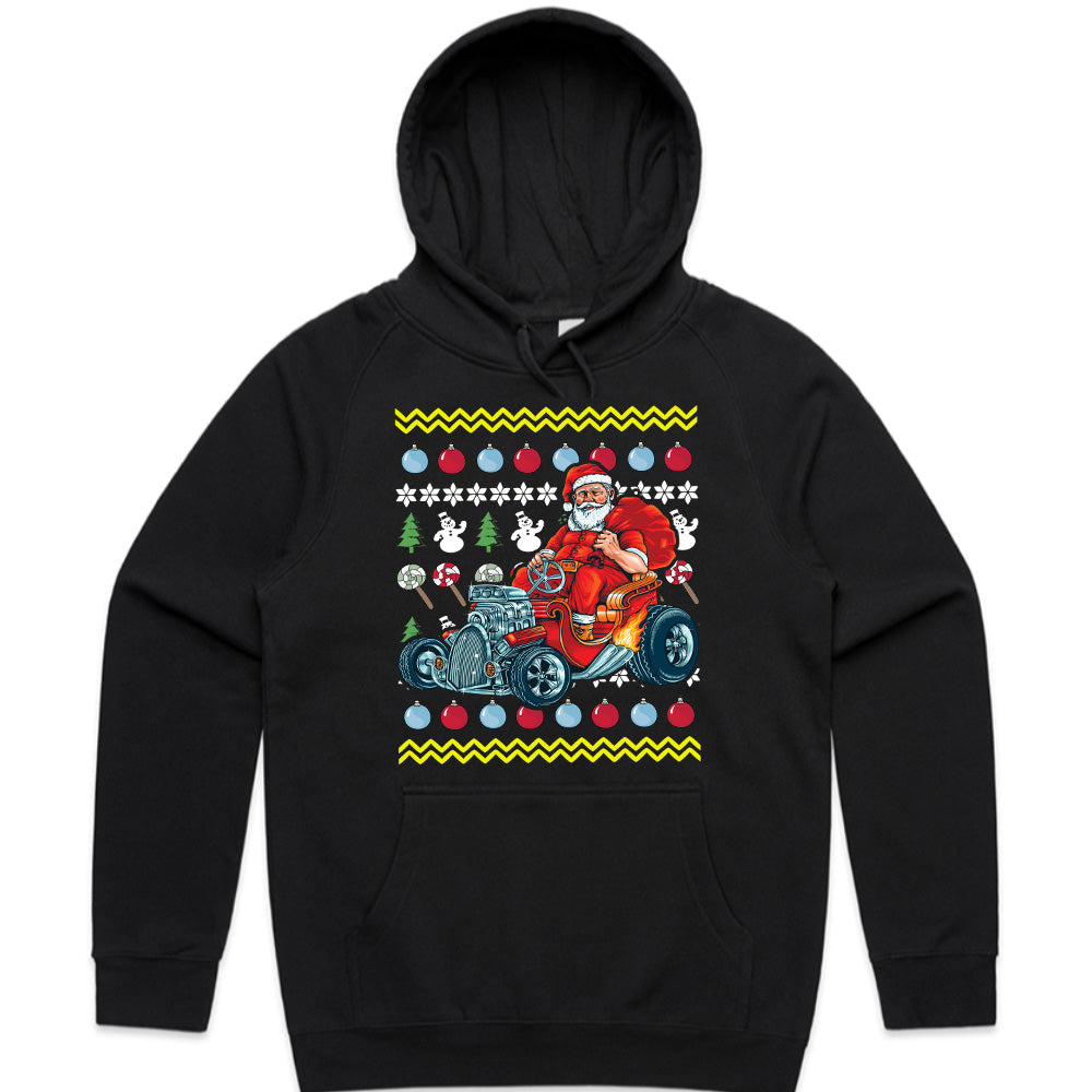 Santa’s Hot Rod Christmas T-Shirt | Funny Ugly Christmas Sweater Inspired Vintage Car Design