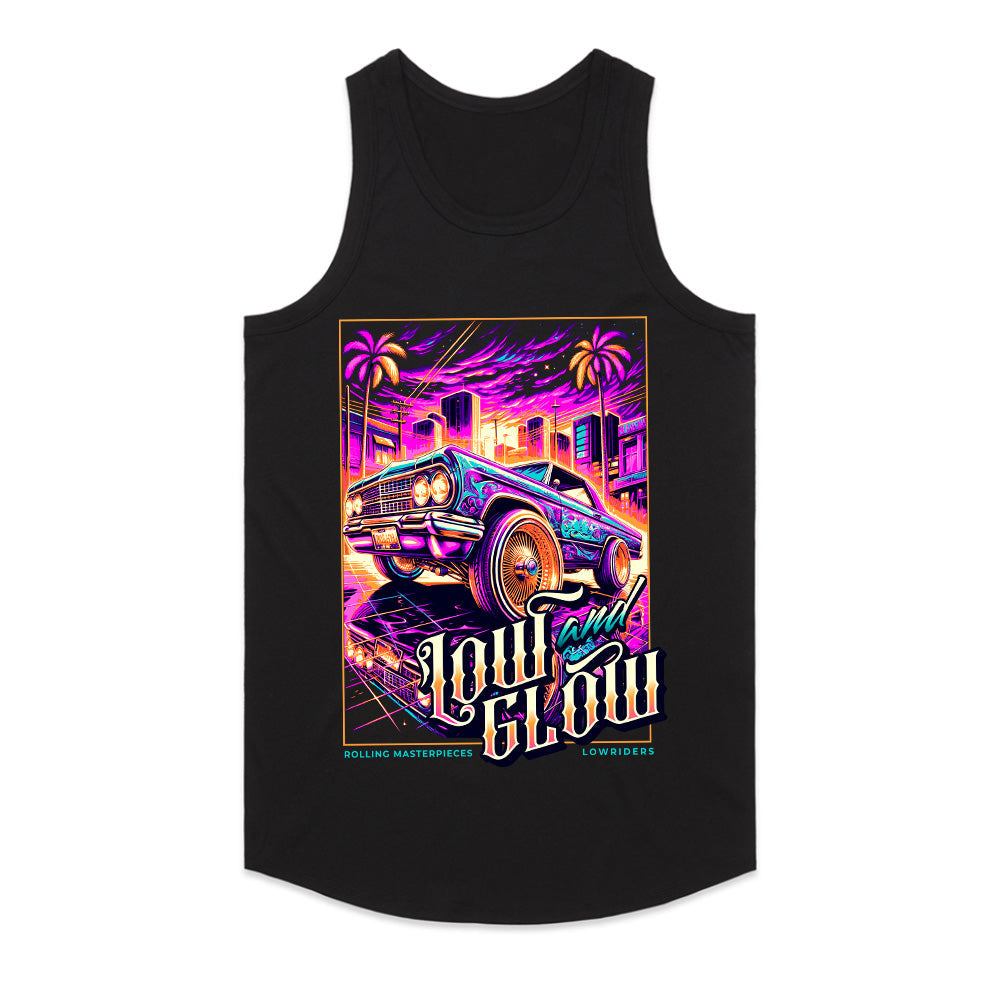 Low and Glow Lowrider T-Shirt – Neon City Vibes & Classic Cruising