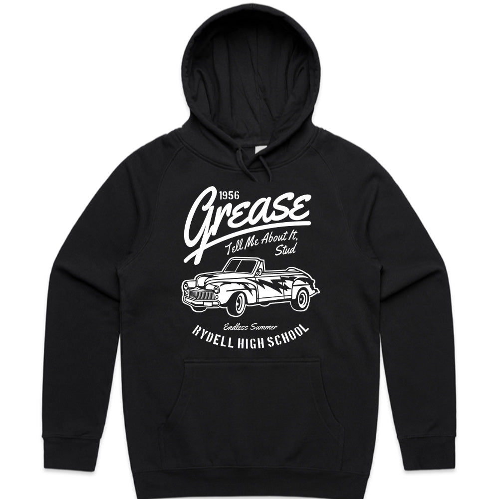 1956 Grease Movie T-Shirt | 'Tell Me About It, Stud' Vintage Car Design