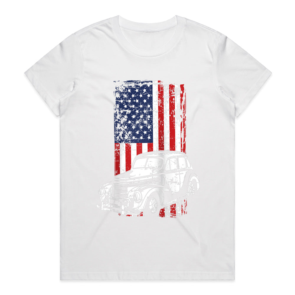 Vintage Classic Car American Flag T-Shirt – 4th of July Hot Rod Enthusiast Tee