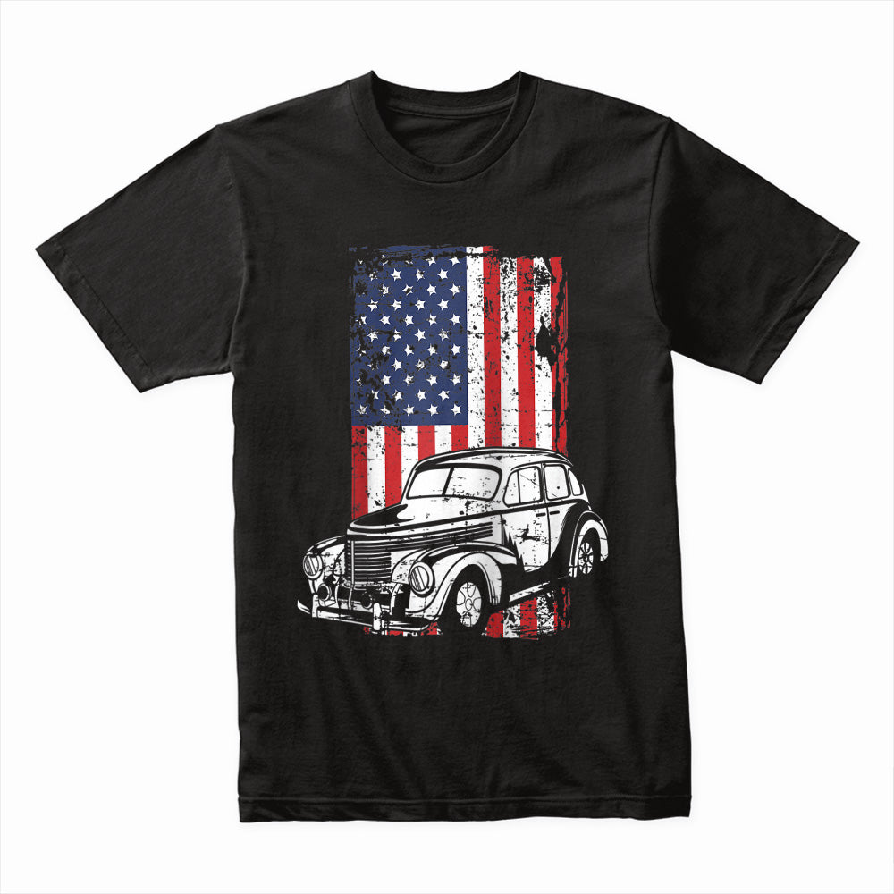 Vintage Classic Car American Flag T-Shirt – 4th of July Hot Rod Enthusiast Tee