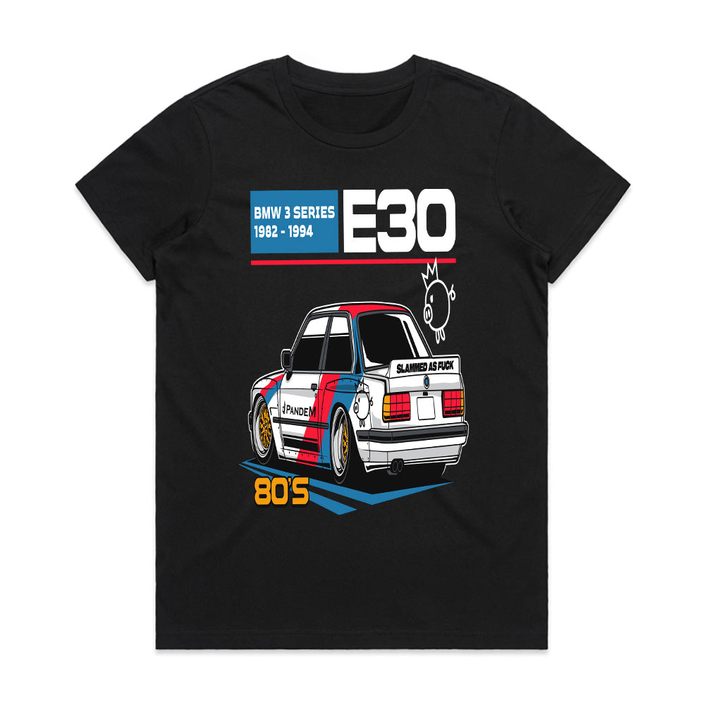 BMW E30 Retro Slammed Stance – 80s JDM-Inspired Graphic T-Shirt