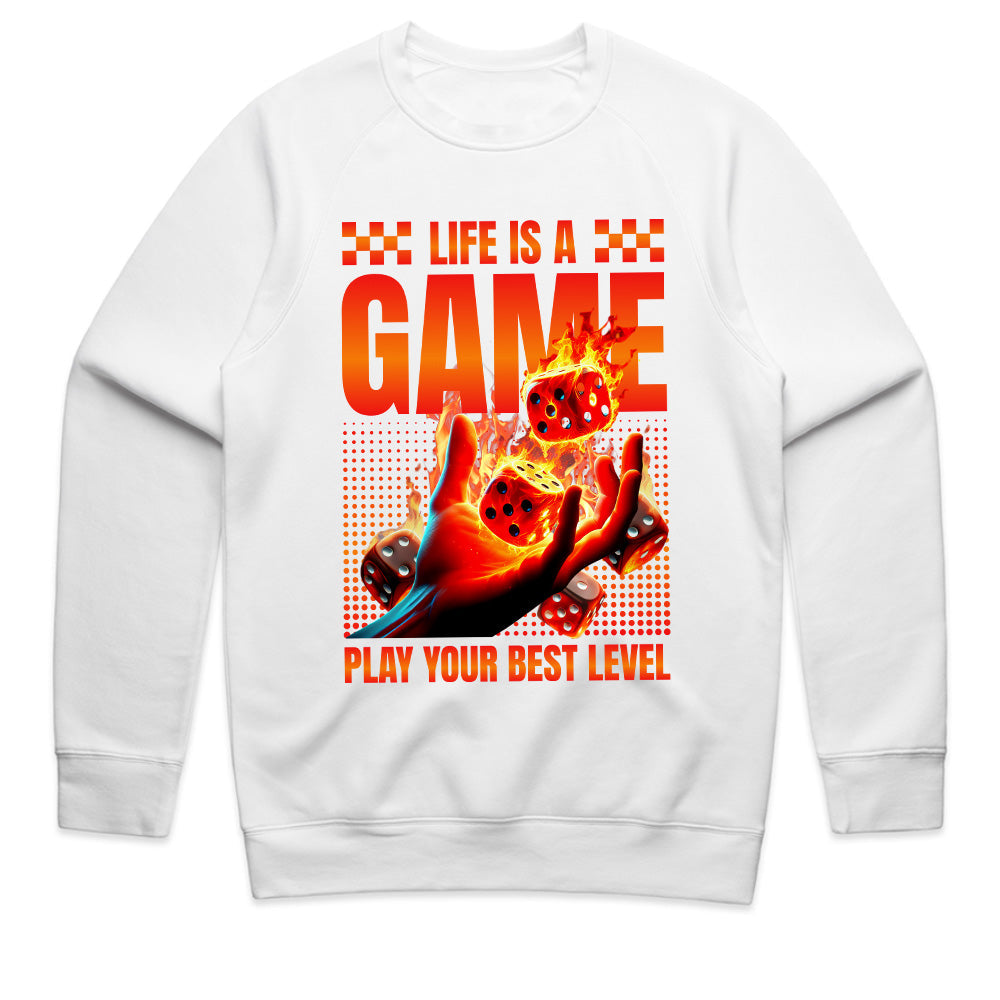 Life Is A Game T-Shirt – Play Your Best Level” Flaming Dice Design
