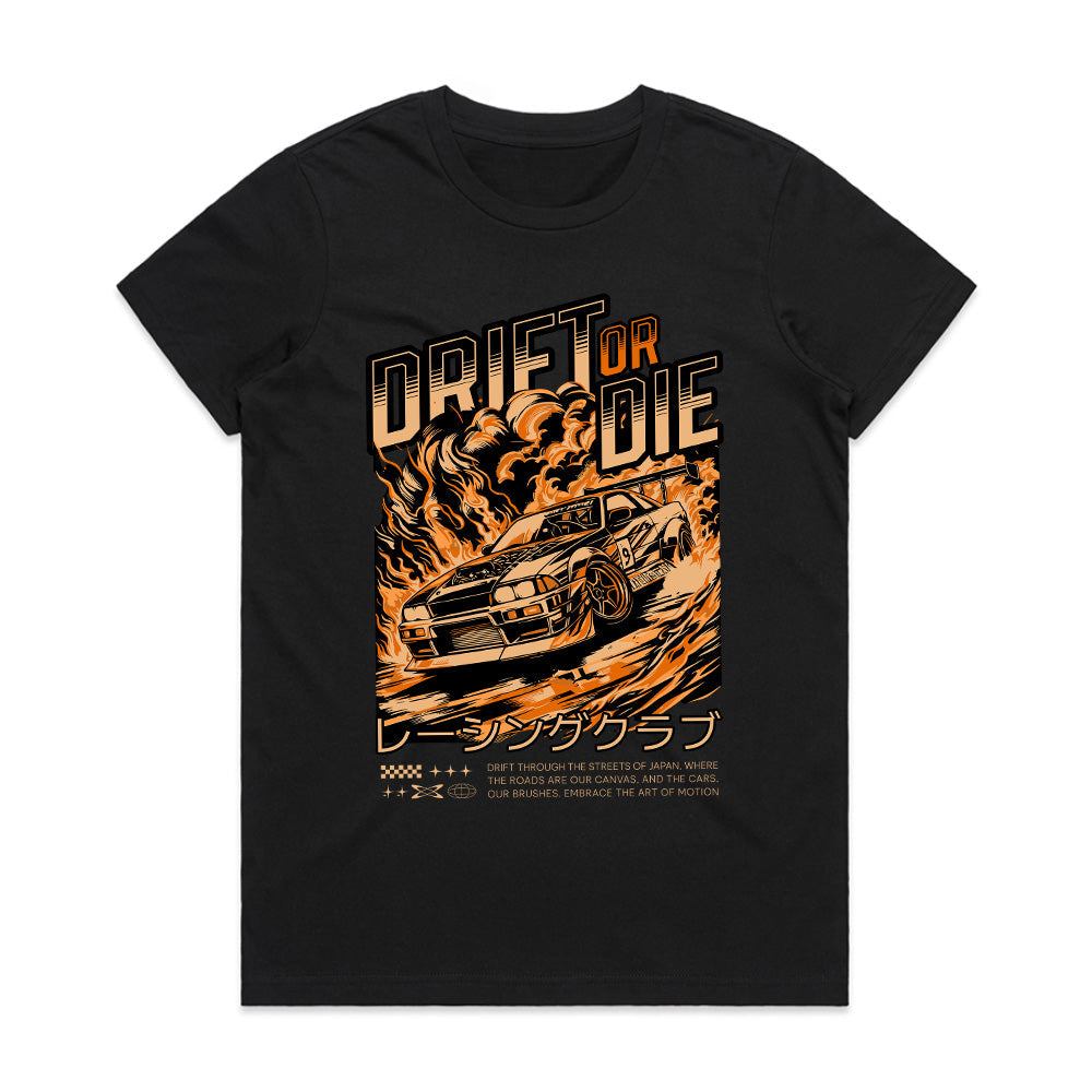 Drift or Die T-Shirt – Japanese Street Racing Fire Edition