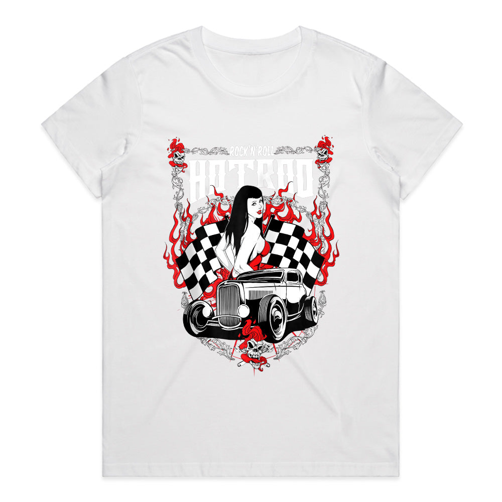 Rock ‘n’ Roll Hot Rod T-Shirt – Vintage Pin-Up & Checkered Flag Classic Car Tee