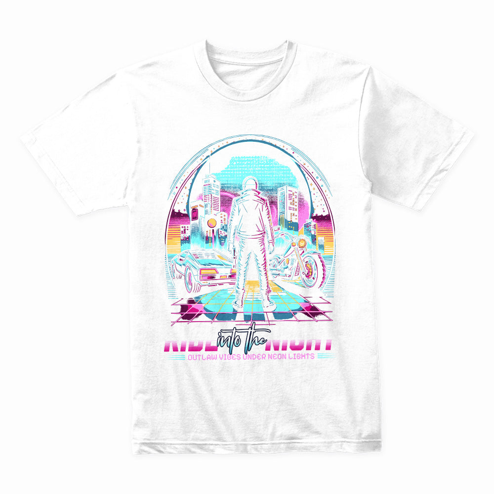 Ride Into the Night – Neon Cyberpunk Outlaw Graphic T-Shirt