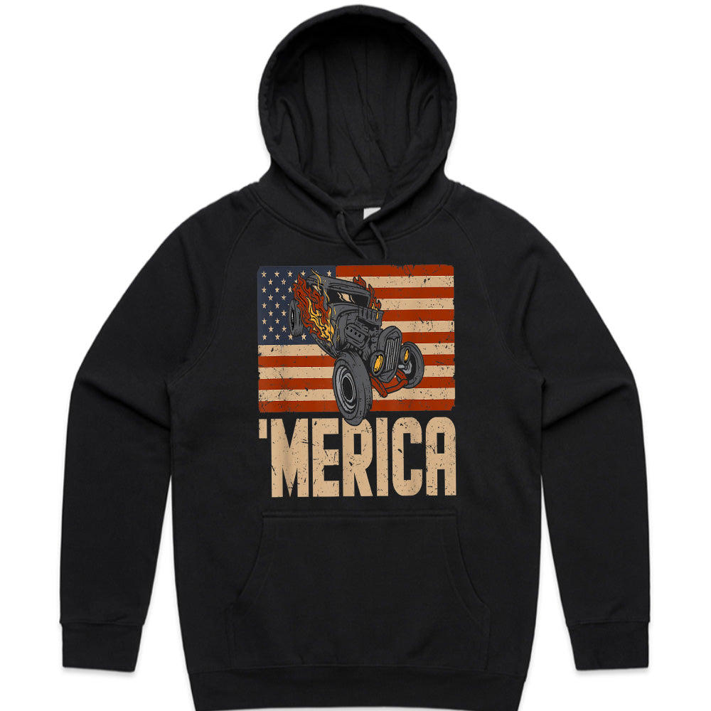 MERICA Hot Rod T-Shirt – Vintage American Flag & Muscle Car Design