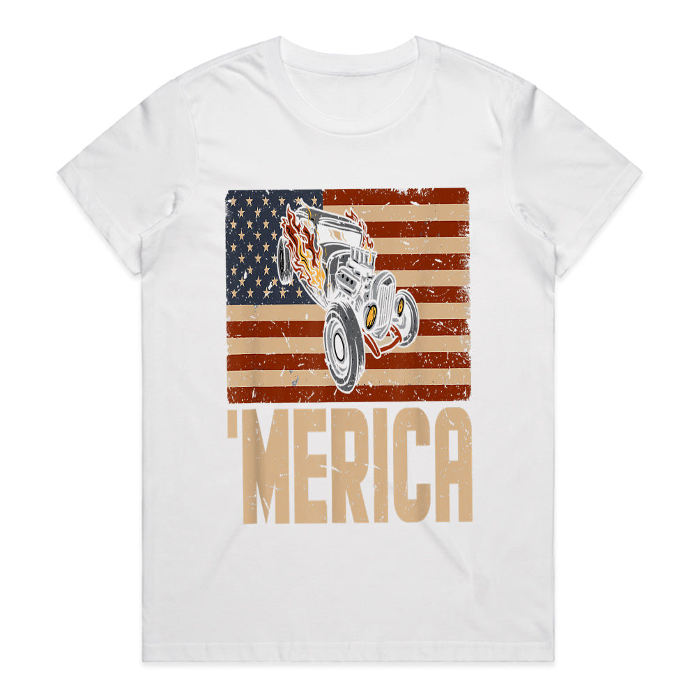MERICA Hot Rod T-Shirt – Vintage American Flag & Muscle Car Design
