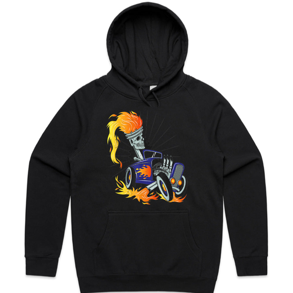Skeleton Hot Rod T-Shirt – Flaming Piston Head Driver & Vintage Muscle Car Design