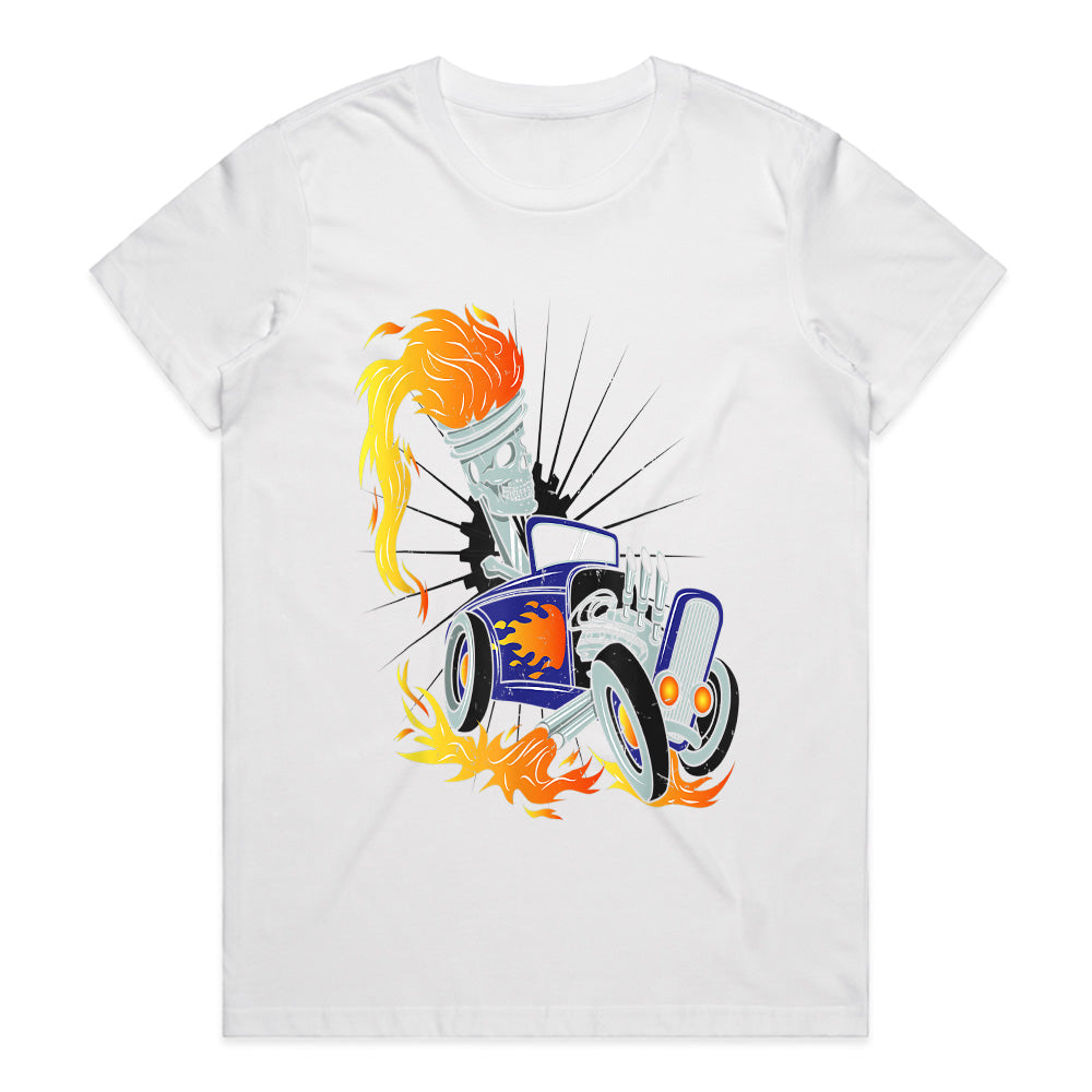Skeleton Hot Rod T-Shirt – Flaming Piston Head Driver & Vintage Muscle Car Design