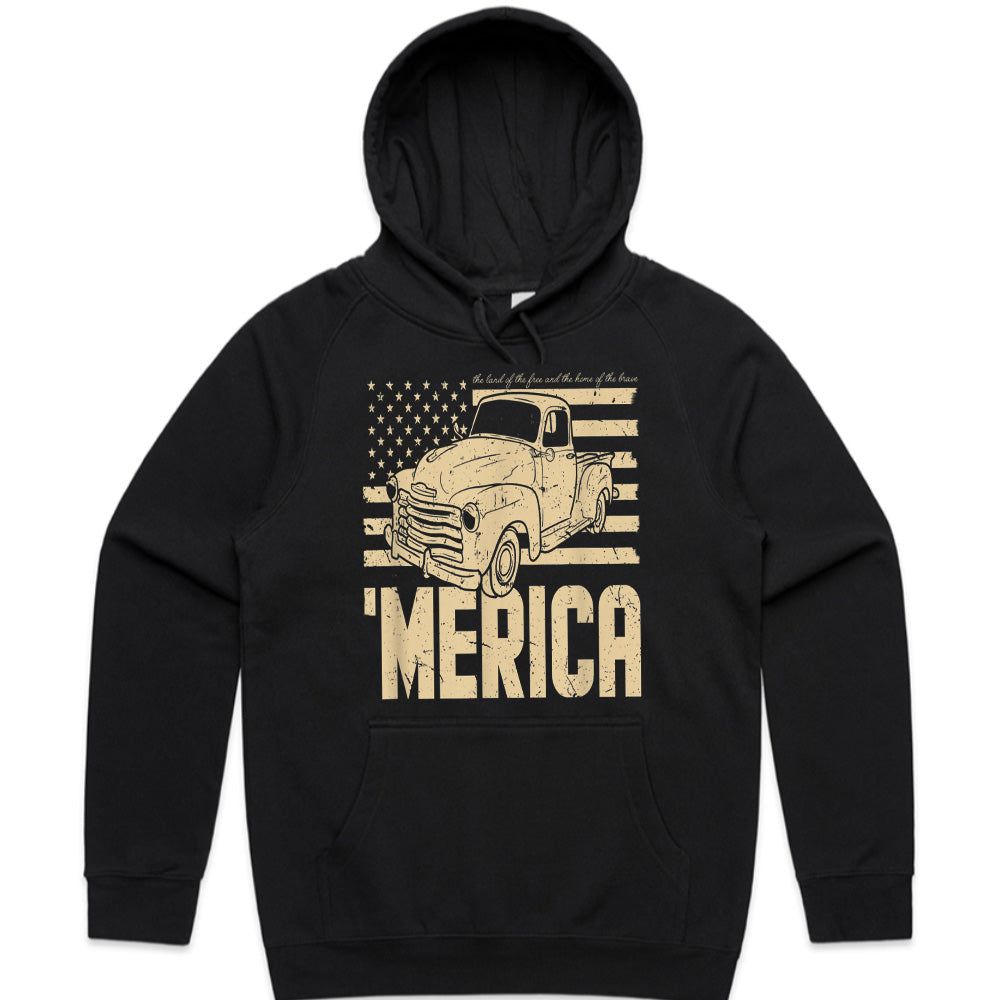MERICA Vintage Truck T-Shirt – Classic American Flag & Retro Pickup Design