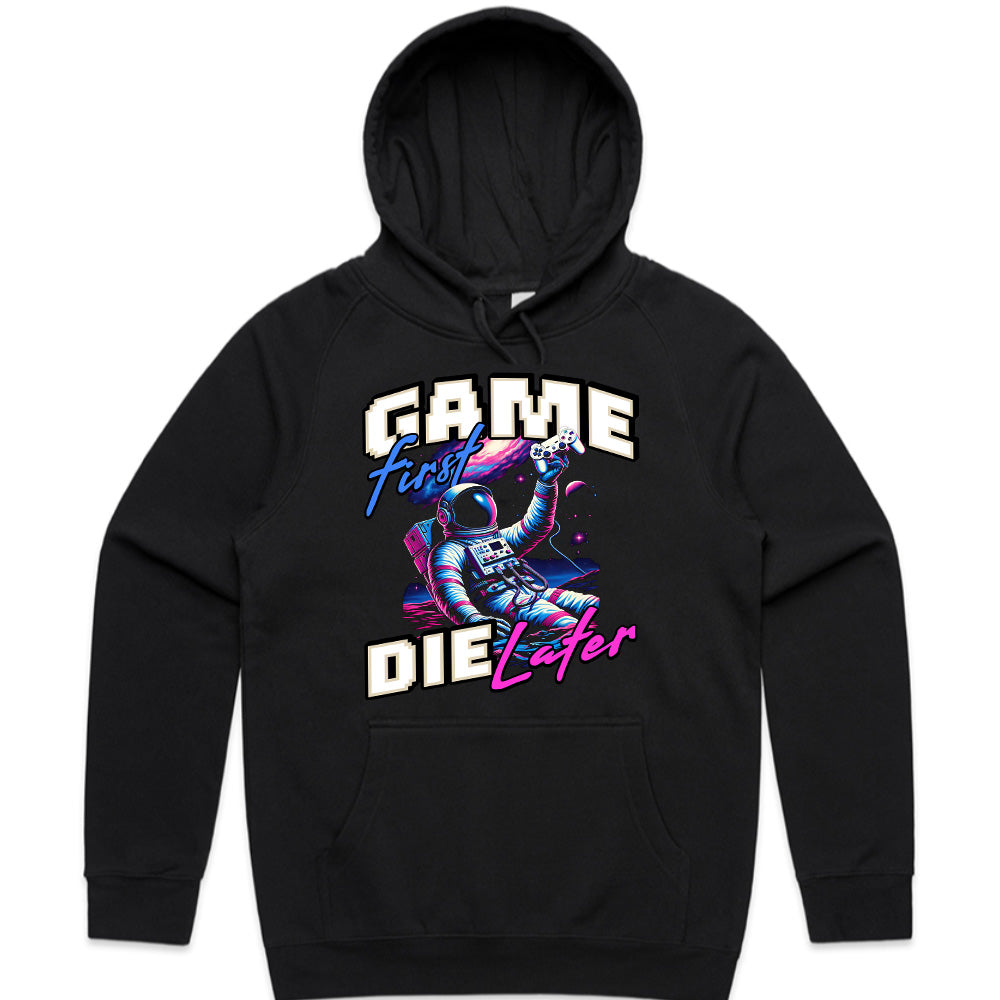 Game First, Die Later T-Shirt – Neon Astronaut Gamer Aesthetic