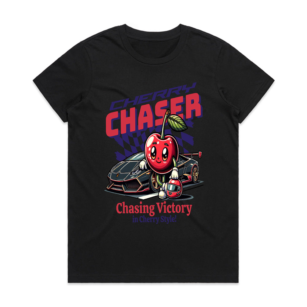Cherry Chaser T-Shirt – Fun Racing-Inspired Supercar & Cartoon Cherry Tee