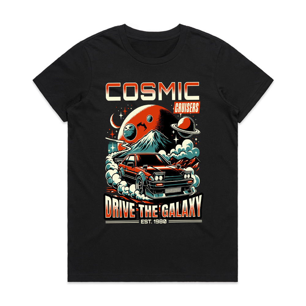 Cosmic Cruisers T-Shirt – Retro Futuristic JDM Car & Space Adventure Tee