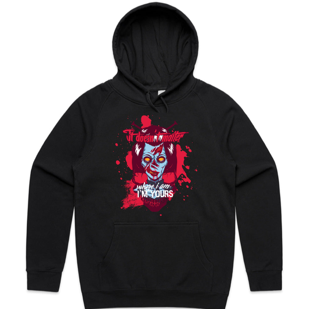 It Doesn't Matter Where I Am, I'm Yours" Horror-Themed T-Shirt – Creepy Zombie Skull Design
