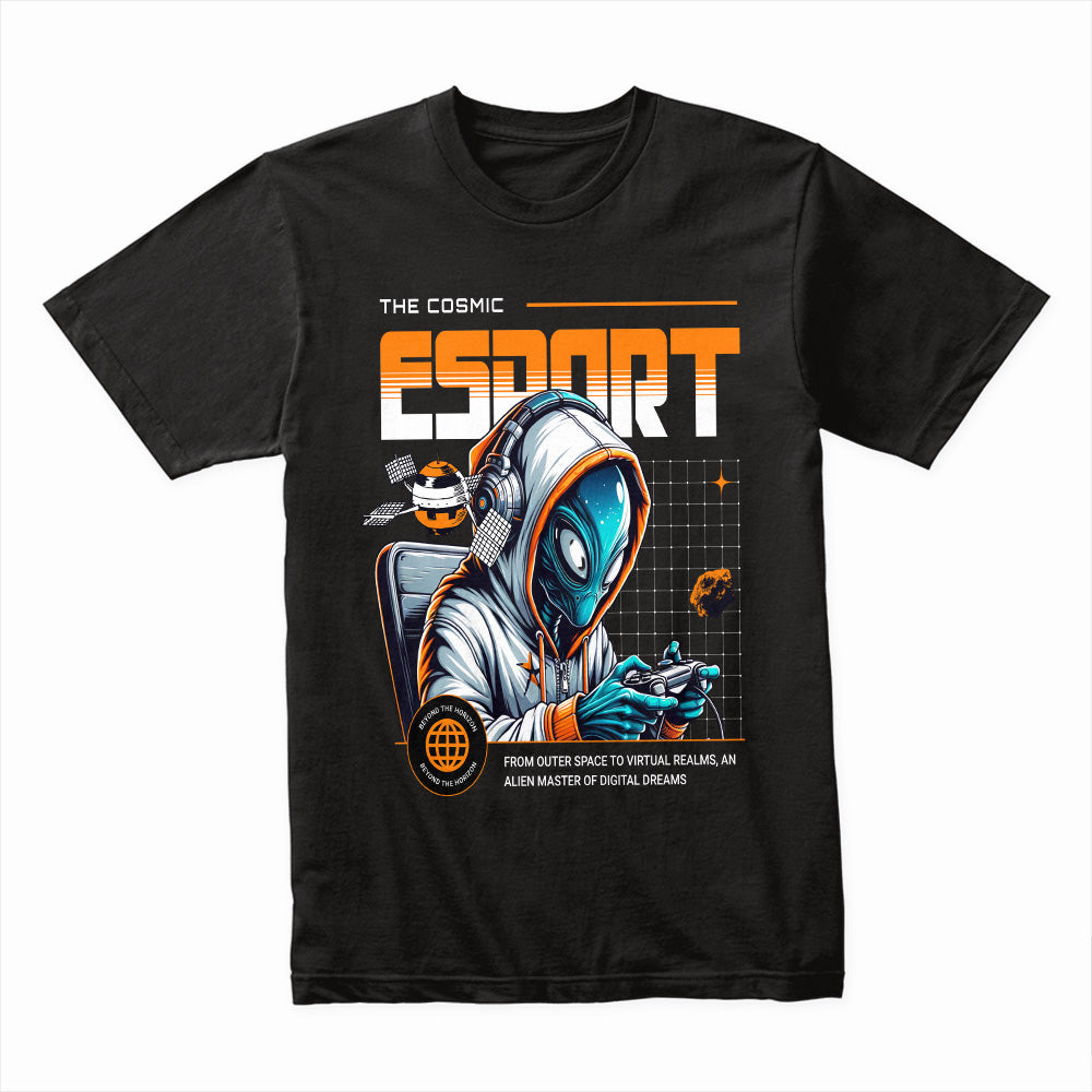 Cosmic Esports Alien Gamer T-Shirt – Futuristic Sci-Fi Gaming Style