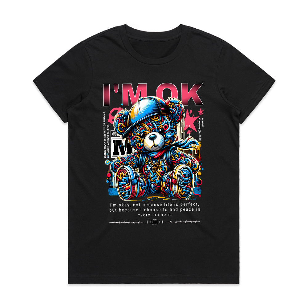 Urban Serenity: Vibrant “I’m OK” Teddy Tee