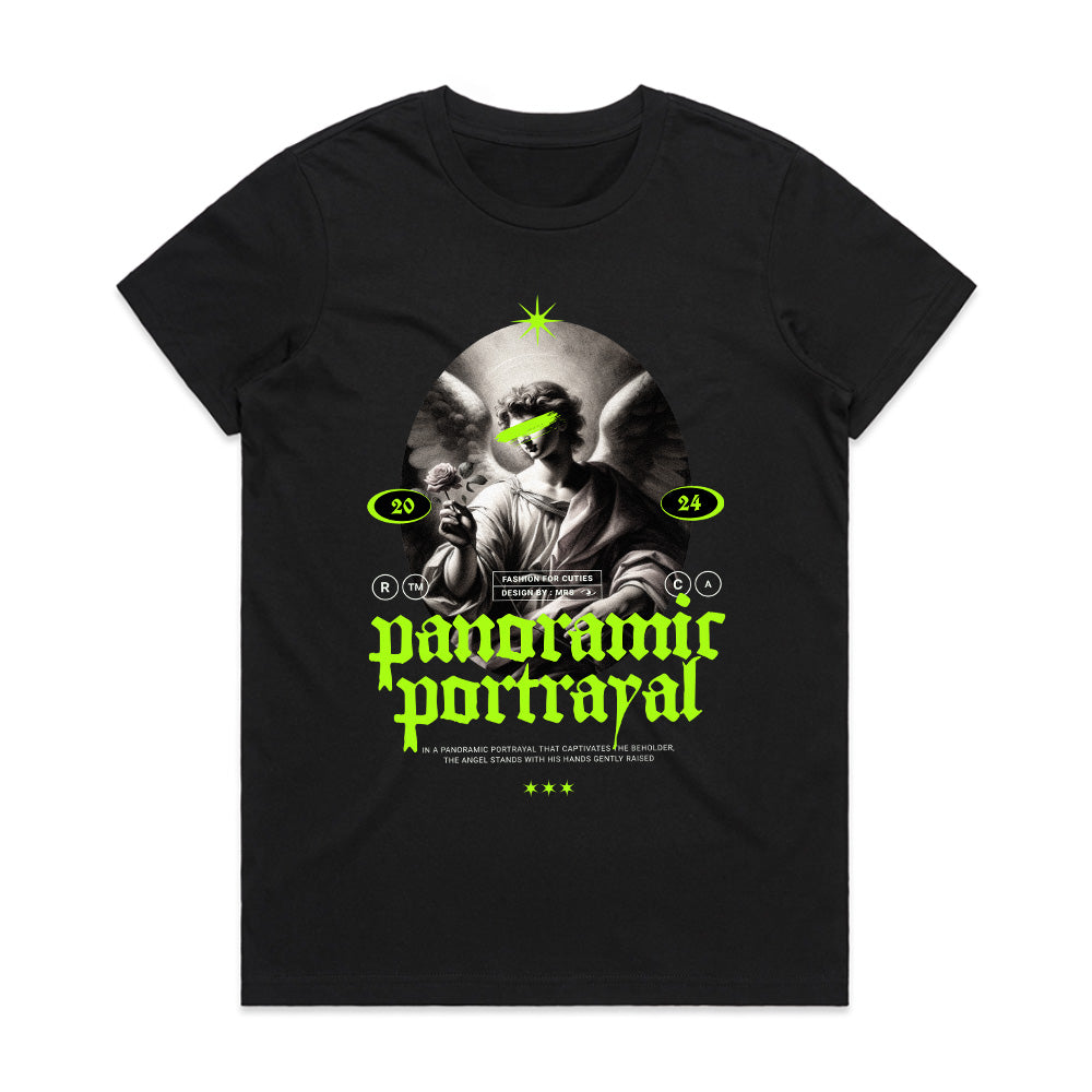 Panoramic Portrayal: Neon Angelic Vision Tee