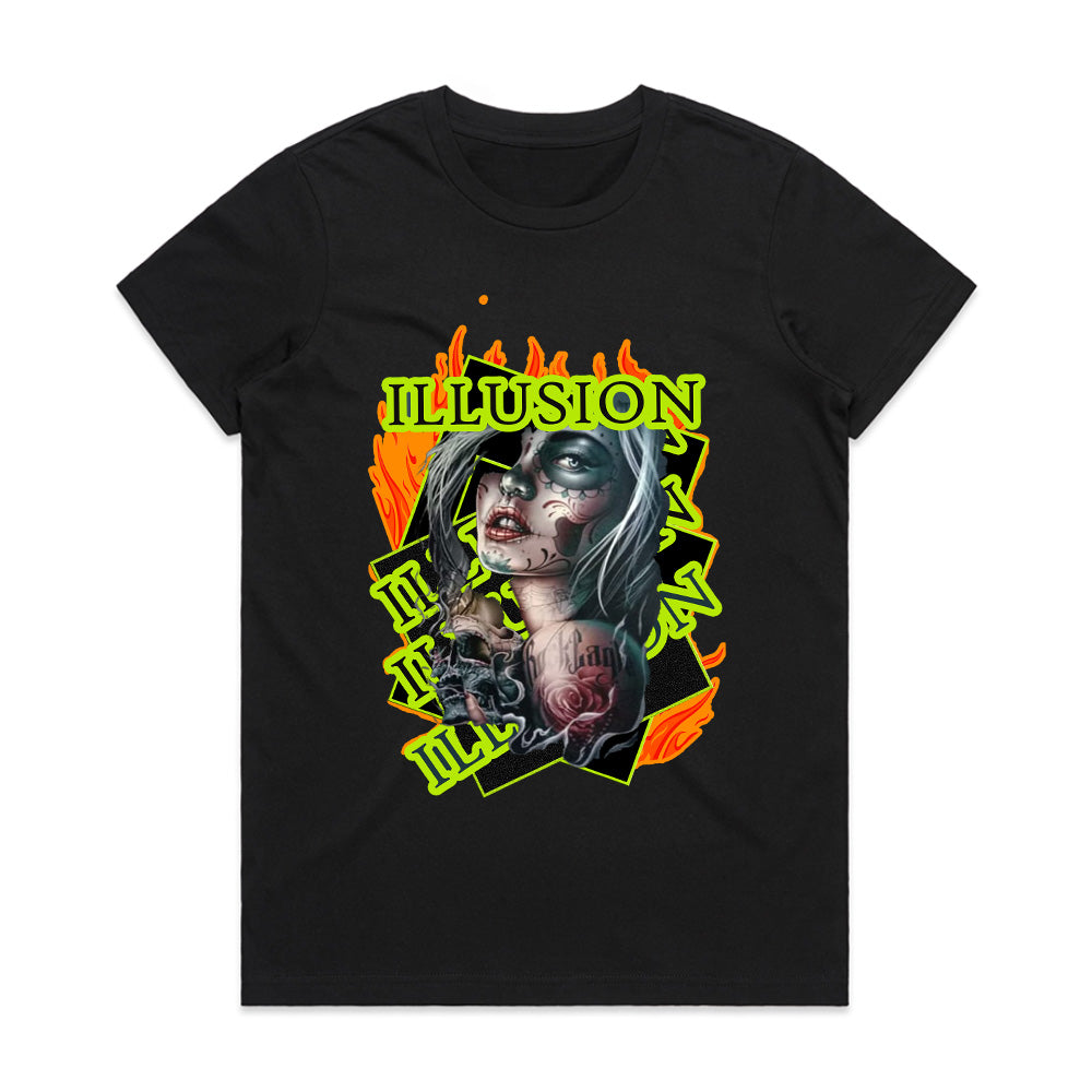 Burning Mirage: Neon Illusion Ink Tee